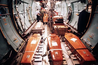 Caskets of the bodies of Rep. Leo J. Ryan and members of his party