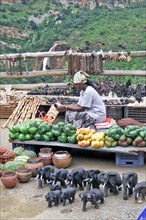 March 2000 - A local woman sells fruit and crafts