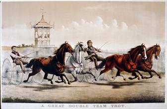 19th century equine llithograph "A great double team trot"