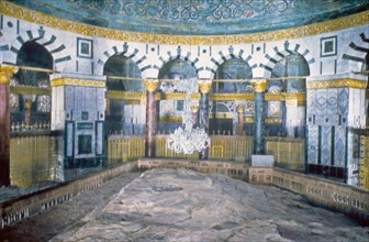 Dome of the Rock Moriah in Jerusalem. Interior. The Rock inside the church ca. between 1950 and 1977