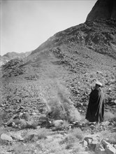 A man standing next to A burning bush silleh bush in Israel ca. 1900