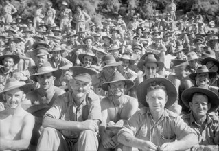 Group photo of Australian soldiers at the Australian Comforts Fund carnival on Gaza Beach  ca. between 1940 and 1946