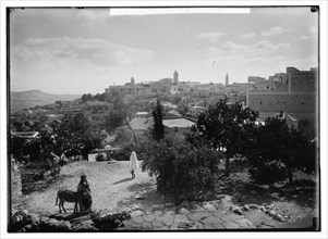 Bethlehem, Israel. Man with a donkey in the foreground, the Church of the Nativity on the horizon from the Northwest) ca. between 1898 and 1946