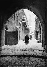 Jerusalem during a snowy winter. Via Dolorosa in snow, Eighth Station of the cross ca. 1900