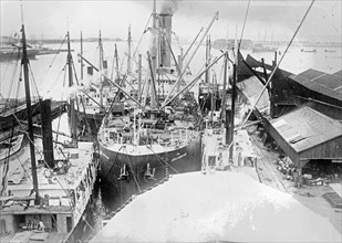 Steamer loading sugar alongside dock in Honolulu, [Hawaiian Islands]. The small steamers are discharging sugar into large one. ca.  between 1910 and 1920
