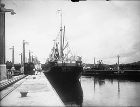 Ship traversing the Panama Canal. Gatun Lock ca. between 1909 and 1919