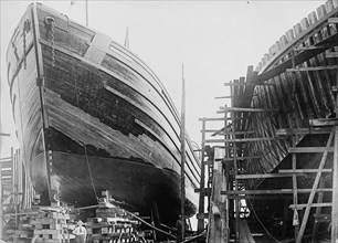 Wooden ship on ways ca. between 1909 and 1920