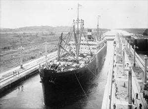 Ship traversing the Panama Canal. Gatun Lock ca. between 1909 and 1919