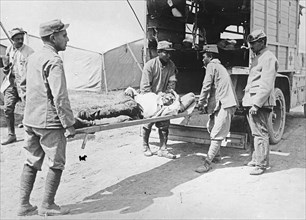 Wounded man on ambulance stretcher ca.  between 1910 and 1935