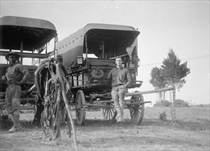U.S. Army wagons, soldier sitting on the back of a wagon ca. between 1909 and 1940