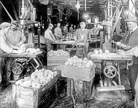 Workers manufacturing dolls made from bass wood ca. between 1909 and 1919