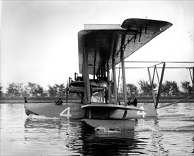 Arrival of NC 4 airplane, landing in a body of water ca.  between 1918 and 1920