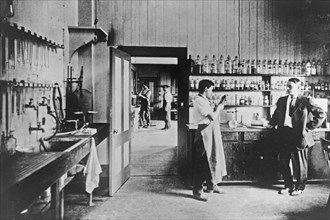 Men working at a general analytical laboratory, ... Union Sugar Co. Betteravia, CA ca. 1909