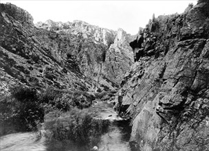Stream in canyon in Estes National Park or Rocky Mountain National park, Colorado ca. 1909 (before offically established in 1915)