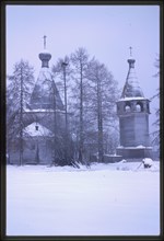Log Church of the Epiphany (1787), northeast view with belltower, Oshevensk, Russia 1999.