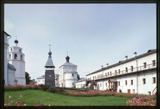 Dormition-Trifonov Monastery, cloisters (left) (1742), Gate Church of St. Nicholas (1690-95), and bell tower (1714), east panorama, Viatka, Russia 1999.