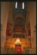 Cathedral of St. Sophia and Dormition (1681-86), interior, view east toward icon screen being repainted after devastation of Soviet era, Tobol'sk, Russia 1999.