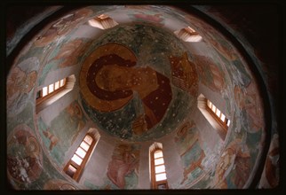 Nativity. St. Ferapont Monastery, Cathedral of the Nativity of the Virgin (1490), interior, fresco of Christ Pantokrator by Dionysii and assistants (1502), Ferapontovo, Russia 1995.