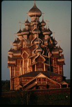 Church of the Transfiguration (1714), west view, sunset, Kizhi Island, Russia; 1991