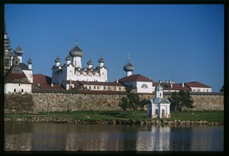 Monastery of the Transfiguration of the Savior (16th-19th centuries), northwest view across Bay of Felicity, Solovetskii Island, Russia; 1998