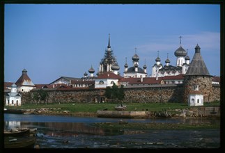 Monastery of the Transfiguration of the Savior, (16th-19th centuries), southwest view across Bay of Felicity, Solovetskii Island, Russia; 1999