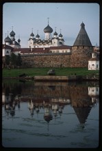 Monastery, Cathedral of the Transfiguration of the Savior (1558-1566), Church of St. Nicholas (1832-1834), (left), and Chapel of St. Peter (mid 19th century), southwest view across Bay of Felicity, So...