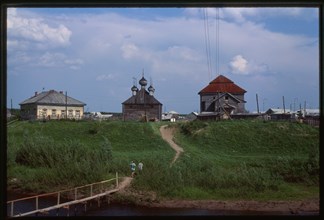 Izhma village, with Izhma River, Church of the Transfiguration, and Church of Resurrection (1887), west panorama, Russia 1999.