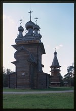 Church of the Ascension from Kushereka village (1669), with bell tower, east view, reassembled at Malye Korely Architectural Preserve, Russia 1998.