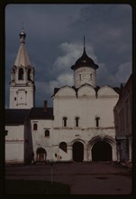 Savior-Prilutskii Monastery, Gate Church of Theodore Stratilates (renamed the Ascension in 1815) (1590), south view, with bell tower (1729-30), Vologda, Russia 1996.
