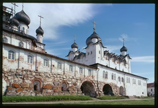 Monastery, Cathedral of the Transfiguration of the Savior (1558-1566), northwest view with gallery (1602), and Church of St. Nicholas (1832-1834) Solovetskii Island, Russia; 1998