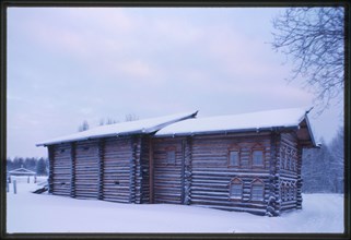 Log house with barn, from Lebskaia village (Leshukonskii Region) (19th century), reassembled at Malye Korely Architectural Preserve , Russia 1998.