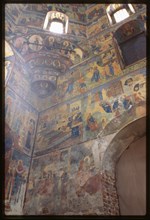 Church of John the Baptist in Roshchenie (1710-17), interior, northwest corner, with frescoes, Vologda, Russia 1999.