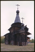 Log Church of the Savior from the village of Zashiversk (1700), southeast view, moved and reassembled in the Outdoor Architecture and History Museum at Akademgorodok, Russia; 1999
