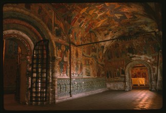 Church of Elijah the Prophet (1647-50), interior, west gallery, west portal, with ceramic ornament and frescoes including Last Judgement (1715-16), Yaroslavl', Russia; 1992