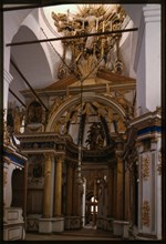 Cathedral of the Transfiguration (1668-70s), interior, east view with icon screen, Belozersk, Russia; 1998