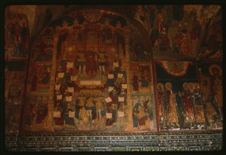 Church of Elijah the Prophet (1647-50), interior, west gallery, with ceramic ornament and fresco of Christ bound by Roman soldiers (1715-16), Yaroslavl', Russia; 1992