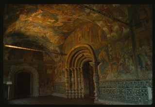 Church of Elijah the Prophet (1647-50), interior, north gallery, view east, with frescoes and ceramic ornament (1715-16), Yaroslavl', Russia; 1992