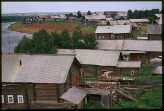 Log houses along Kimzha River, view north, Kimzha, Russia; 2000