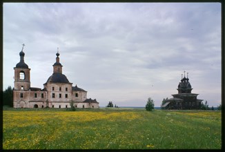 Church of Resurrection (1752), (left), and log Church of St. George (1665), south view, Permogor'e, Russia; 2000
