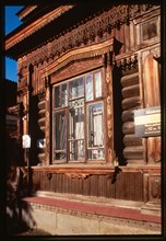 Log house, Belinsky Street, built around 1900, window detail, Ekaterinburg, Russia 1999.