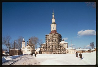 Church of the Nativity of Christ (1746-48 and 1786-93), south facade, with Church of Entry into Jerusalem in background, Tot'ma, Russia 1997.