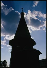 Log Church of St. Dmitrii, (1784-1785), east view, silhouette, Verkhniaia Uftiuga, Russia; 2000