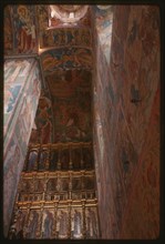 Church of Elijah the Prophet (1647-50), interior, southeast corner, with icon screen and frescoes (1680-81), Yaroslavl', Russia; 1994