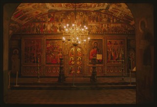 Church of Elijah the Prophet (1647-50), interior, Chapel of the Deposition of the Robe, view east with icon screen, Yaroslavl', Russia; 1992