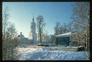 Church of the Dormition (1749-55 and 1800-08), with bell tower (1790-1808), northeast view, Tot'ma, Russia 1997.