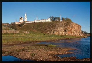 Tura River, with Trinity Rock and Church of the Trinity, northwest panorama, Verkhotur'e, Russia 1999.