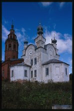 Resurrection Cathedral (1750-54, 1908-11), and bell tower (1908-1911), southeast view, Cherdyn, Russia; 2000