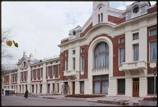 City Trading Center (1911), park facade. Designed by the noted Siberian architect Andrei D. Kriachkov, this building served as the main administrative and commercial center of the city, Novosibirsk, R...