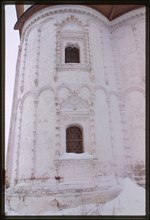 Church of the Annuciation (1692), east view, detail of limestone decorative carving, Kargopol', Russia 1998.