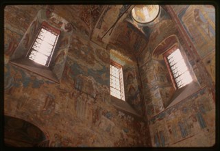 Church of Saint Nicholas Mokryi (1665-72), interior, northwest corner, with frescoes including the Last Judgement (1672), Yaroslavl', Russia; 1997